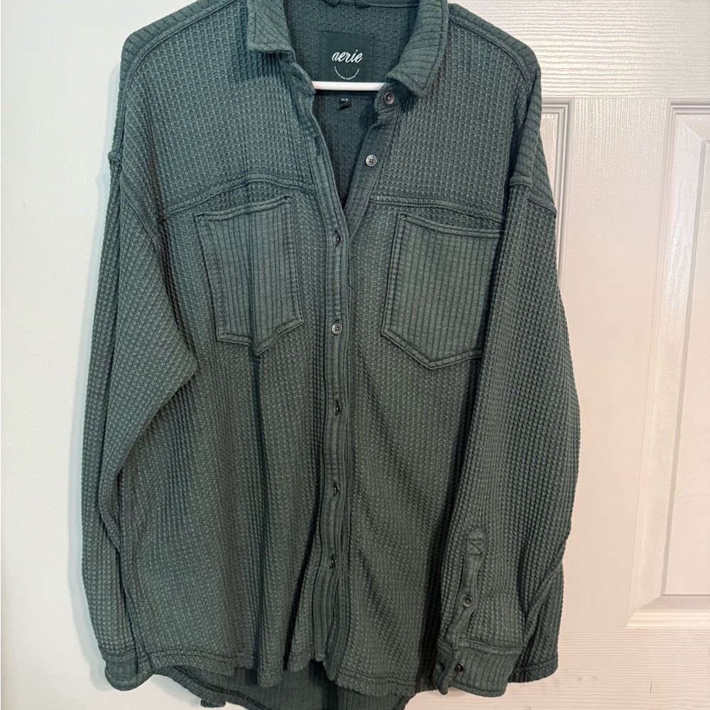 aerie Olive Green Waffle Knit Button-Down Shirt